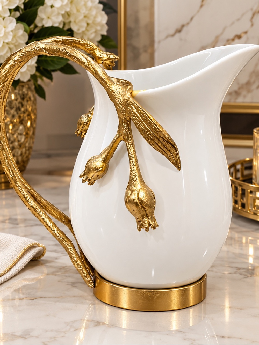Elegant White Ceramic Pitcher with Gold Blossom Handle